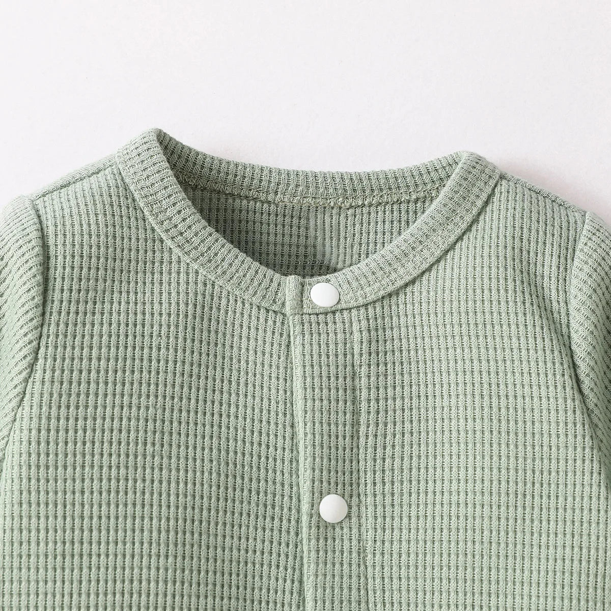 Baby Newborn Boys’ Long Sleeve Jumpsuit – Green Solid Waffle Casual Romper with Button (Spring/Autumn)