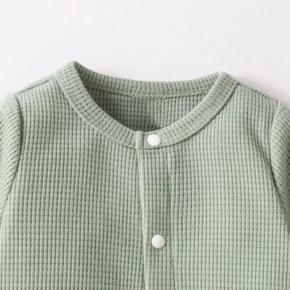 Baby Newborn Boys’ Long Sleeve Jumpsuit – Green Solid Waffle Casual Romper with Button (Spring/Autumn)