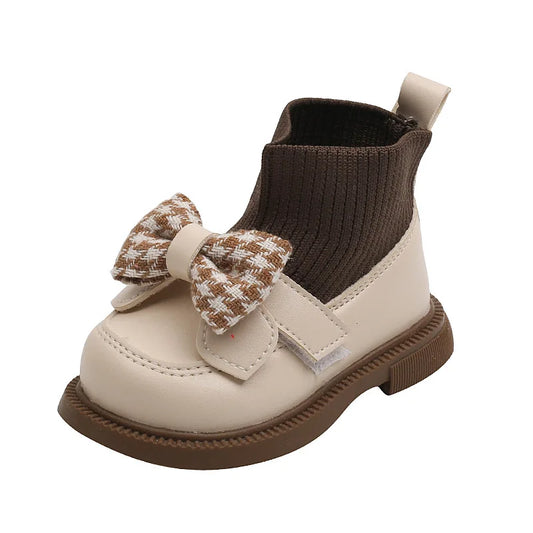 Winter Infant Girl Sock Boots Chunky Bow Knitted Casual Toddler Girl Patent Leather Shoes