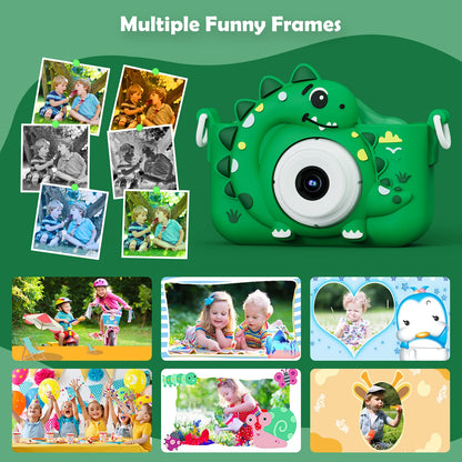 Kids Digital Camera with 32GB Card, 1080P HD Screen, Outdoor Cartoon Dinosaur Design, Photo and Video Toy, Birthday Gift