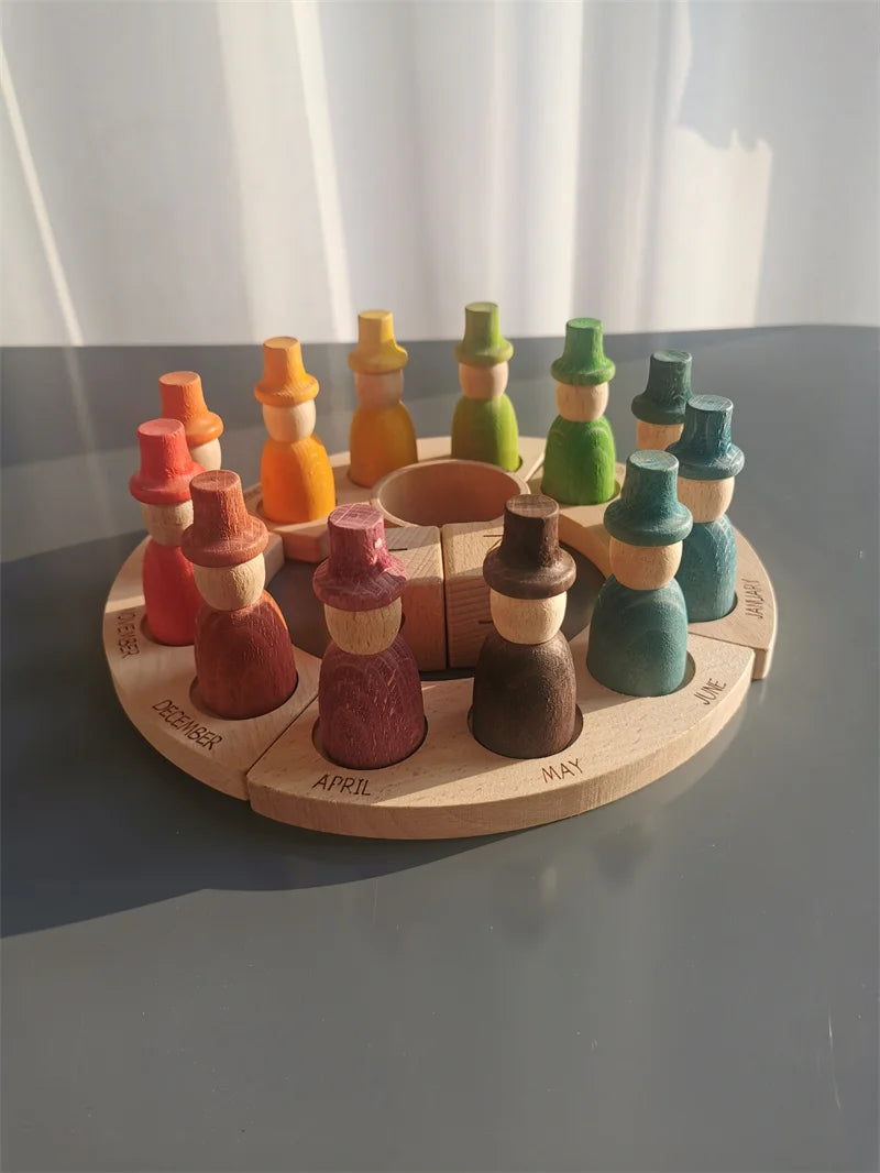Wooden Beech Rainbow Calendar & Peg Dolls – Stacking Blocks and Wizard Figurines Toy for Kids
