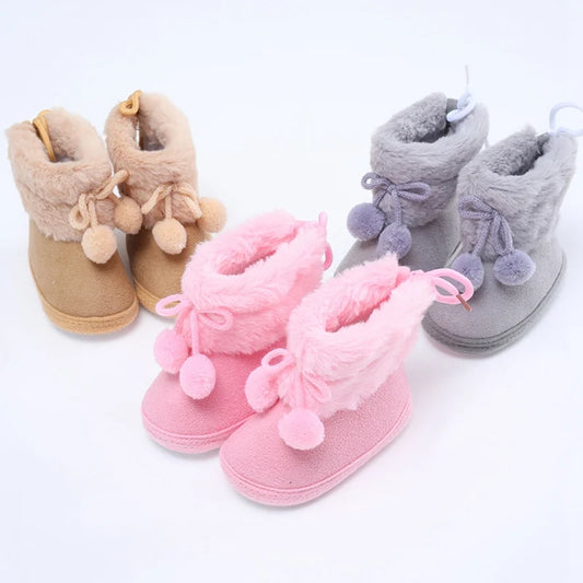 Winter Plus Velvet Snow Booties for Baby, Warm Boots Shoes, Baby Girl Shoes with Pompom, Soft Sole Indoor Walking Shoes