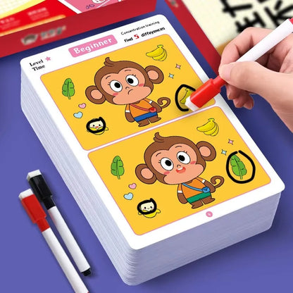 64Pcs Find the Differences Card Game – Reusable Wipeable Paper Puzzle with 3 Difficulty Levels, Educational Cartoon Game for Kids