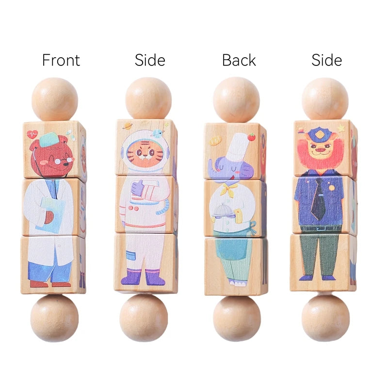 1PC Baby Wooden Montessori Toy – Cartoon Animal Crocodile & Bear Rotate Block Rattle, Food-Grade Wooden Teether Puzzle Game