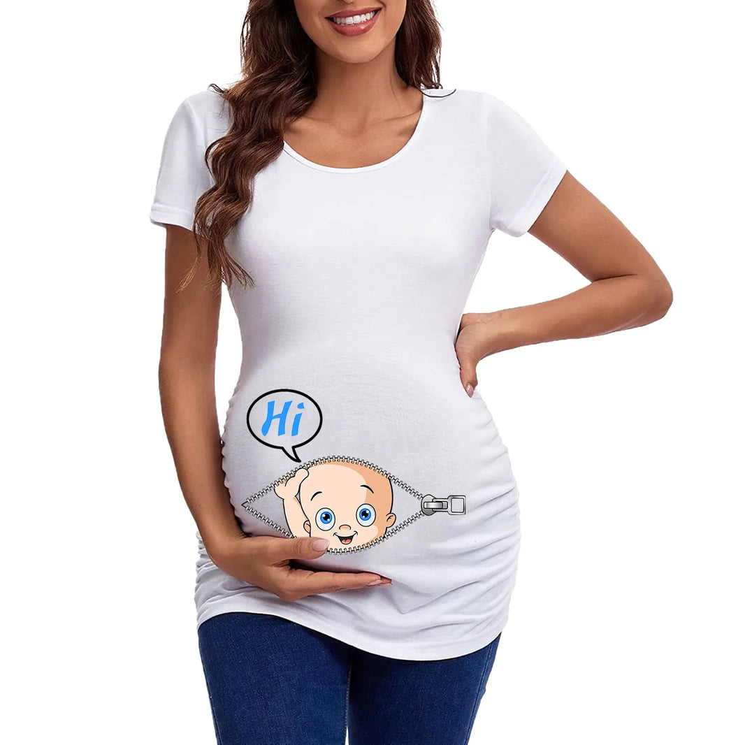 Maternity Top Women's Summer Pregnant Short Sleeve Fun Printed Casual Pregnancy Clothes, Daily Wear Elastic Cotton Tops for Women