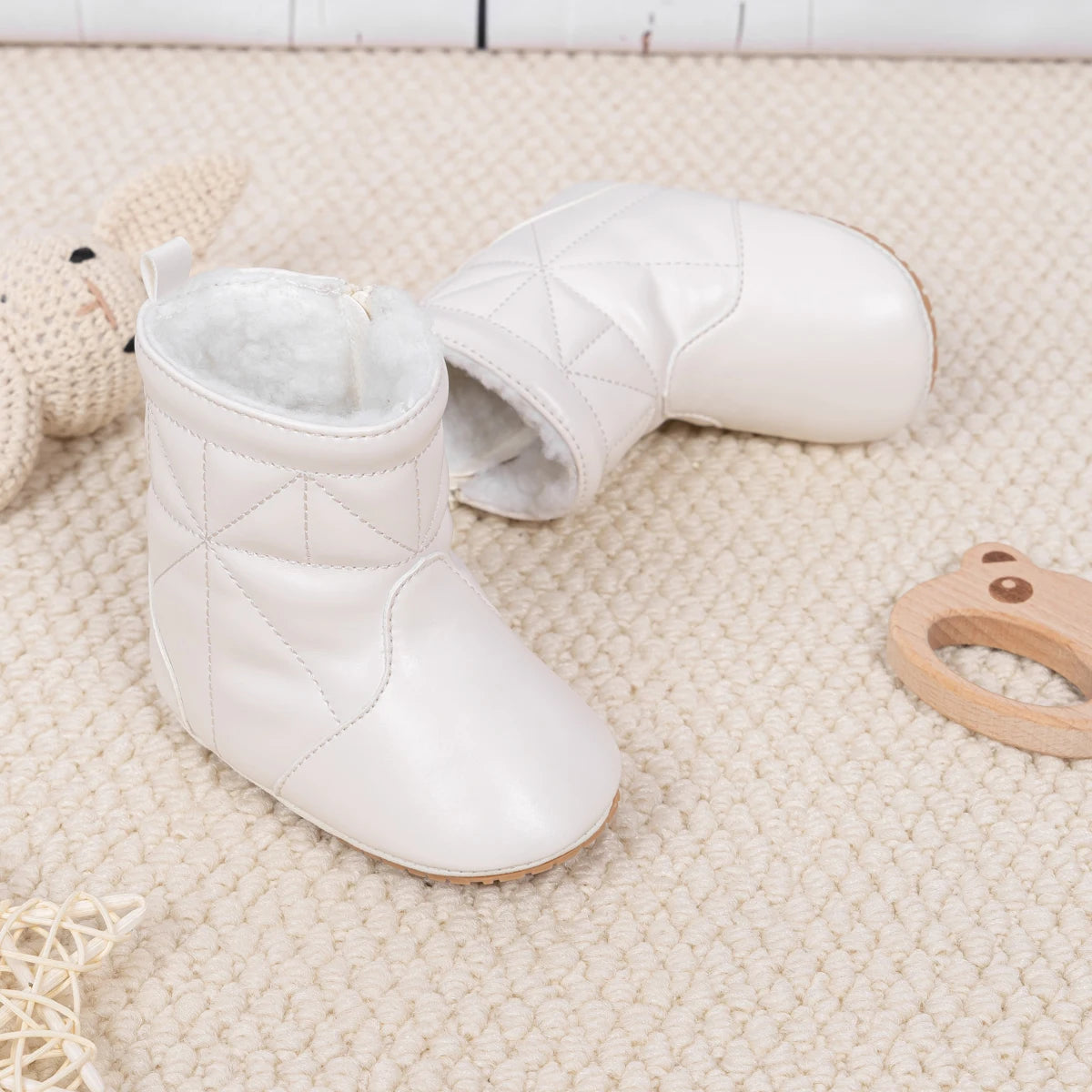 KIDSUN Warm Faux Leather Baby Boots, Fur Lining PU Outsole Boots, Winter Baby Shoes, Infant Indoor Outdoor Walking Shoes