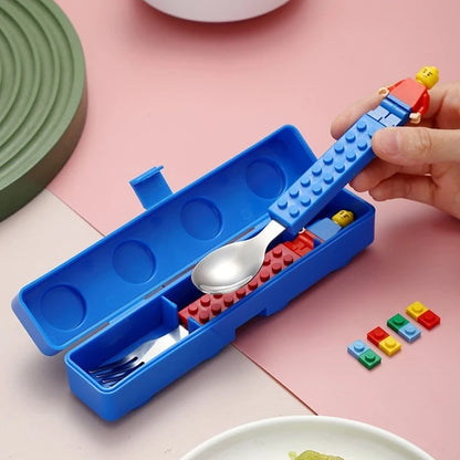Children's Building Block Fork and Spoon Set with Storage Box - Stainless Steel Tableware, Jigsaw Toy Utensils, Perfect Kids Gift