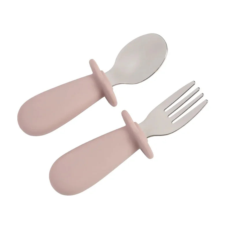 2PCS Baby Tableware Set – Stainless Steel Food Feeding Spoon & Fork, Silicone Handle Utensils for Infants & Toddlers, BPA-Free Cutlery Set