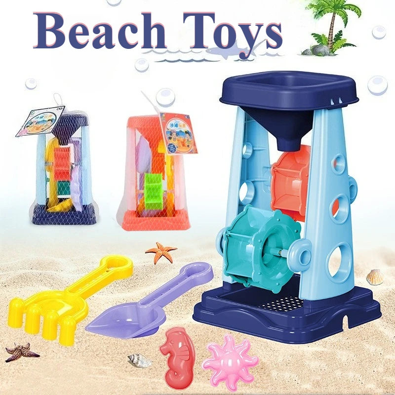 Kids Beach Toy Set With Sand Wheel, Bucket, Shovel, Rake & Sailboat Molds — Summer Sandbox Play