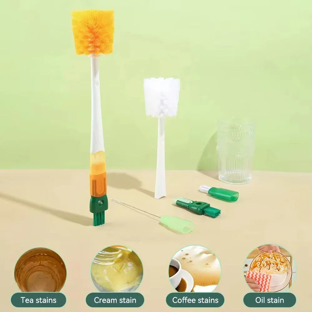 Silicone 5 in 1 Bottle Brush, Nylon Bristle, Hanging Hole, Long Handle, 360 Degree Rotating, Baby Pacifier Cup Cleaning Brush Tool