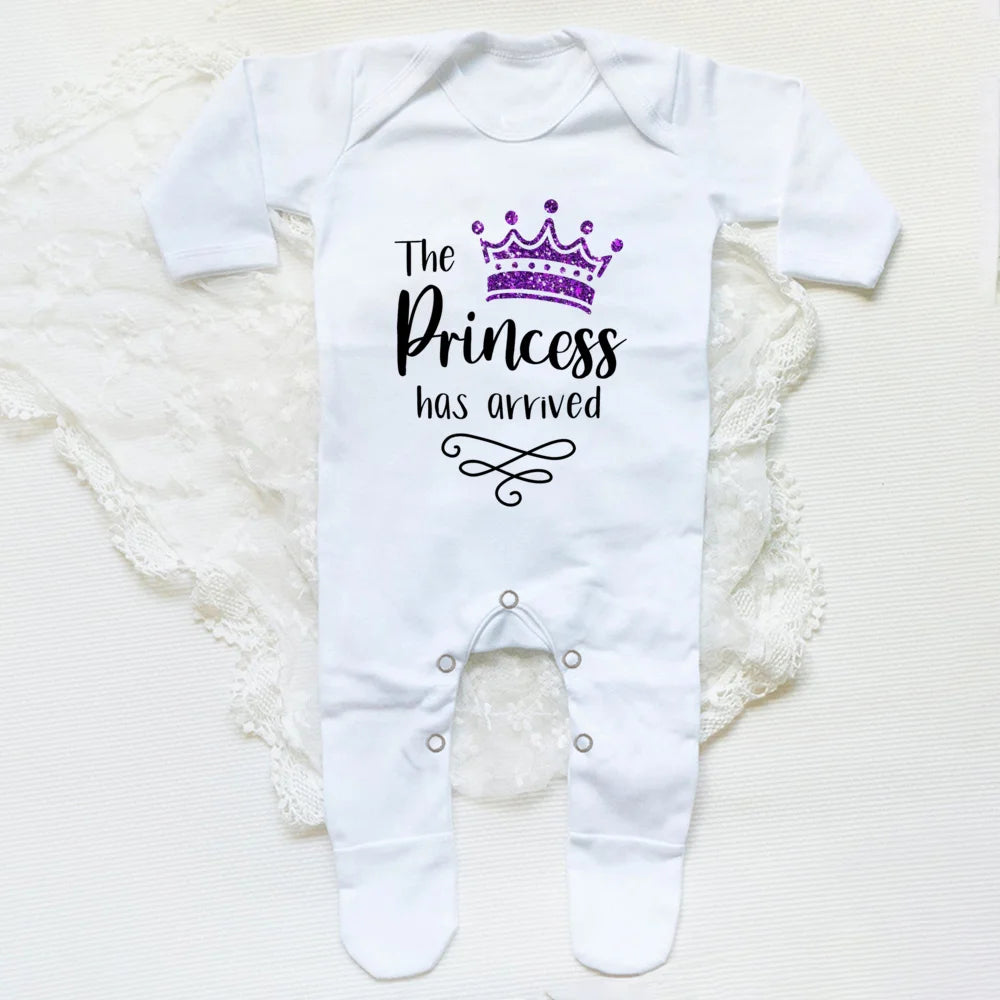 The Princess Has Arrived Print Baby Babygrow Sleepsuit – Newborn Coming Home Vest Bodysuit, Hospital Clothes, Infant Shower Gift