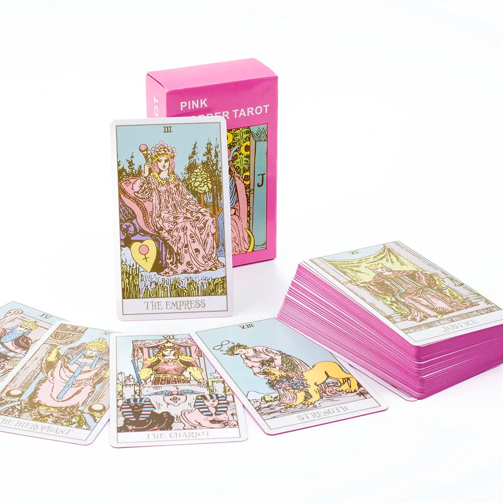 Pink Border Tarot Card Deck - 78 Pieces with Guidebook, English Version, Divination & Board Game for Family Gathering (10.3x6cm)
