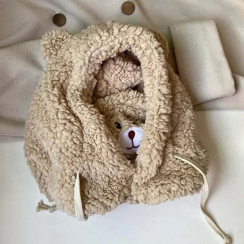 Cartoon Bear Ear Lamb Beanie with Face Mask — Thick Knit Winter Balaclava for Women & Girls