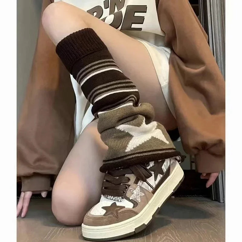 Y2K Punk Knitted Leg Warmers - Star Gothic Cross Harajuku Women Heart Two-Side Wear Loose Fit Leg Covers | JK Thigh High Lolita Socks