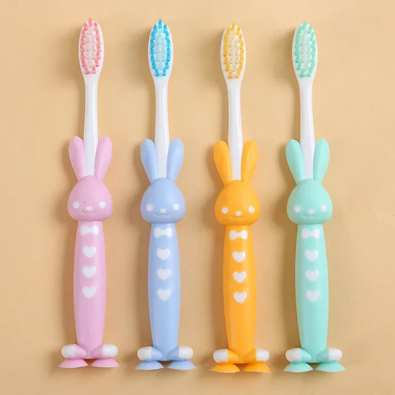 Kids Baby Soft-Bristled Toothbrush - Bamboo Charcoal Short Handle with Cute Rabbit Bear Design, 4Pcs/Set