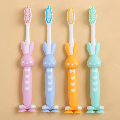 Kids Baby Soft-Bristled Toothbrush - Bamboo Charcoal Short Handle with Cute Rabbit Bear Design, 4Pcs/Set