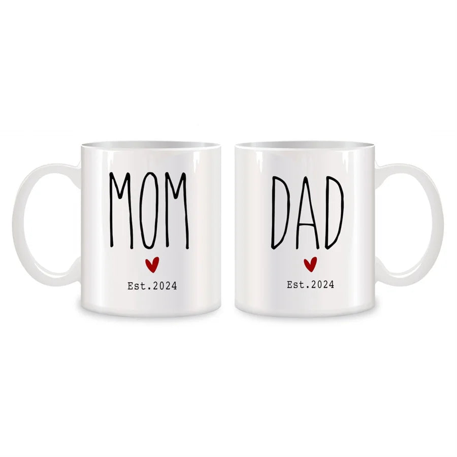 New Mom & Dad Mugs Set of 2 – 11 oz (325 ml) White Porcelain Coffee & Tea Cups – Novelty New Parents Gift