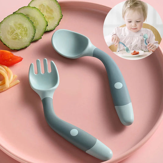 2PCS Silicone Spoon & Fork Set for Baby - Bendable Toddler Utensils, Learn to Eat Training Tools, Soft Fork & Spoon for Infant Tableware