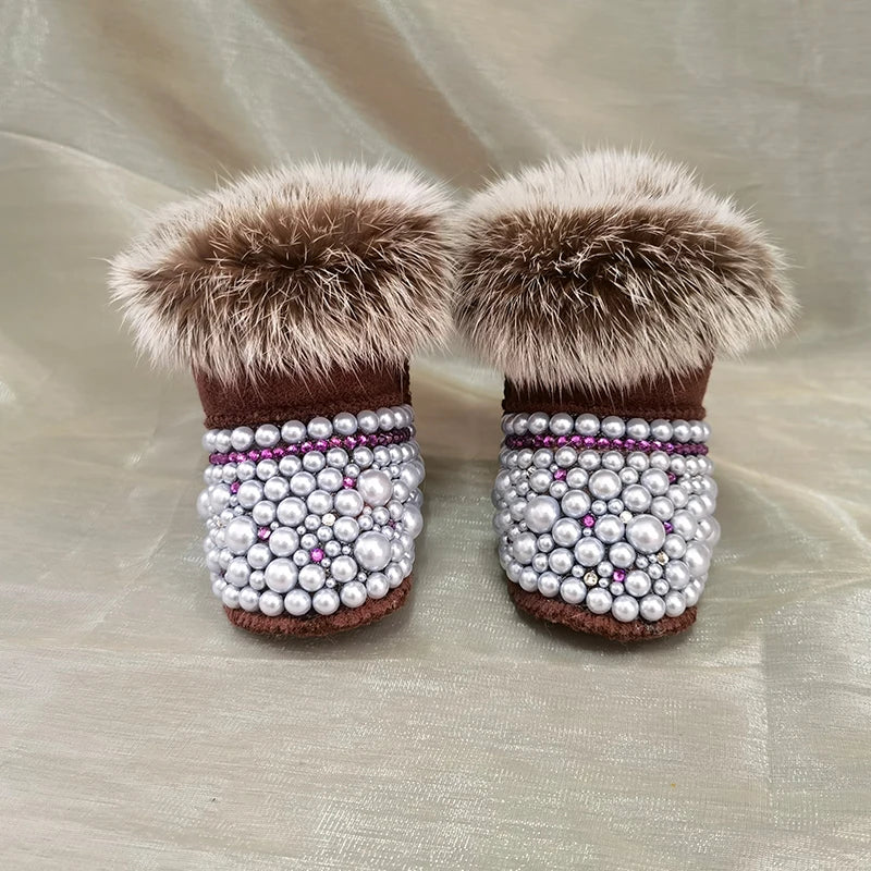 Dollbling Mommy & Daughter Custom Pearls Boots - Handmade Luxury Fur Infant Beaded Winter Booties