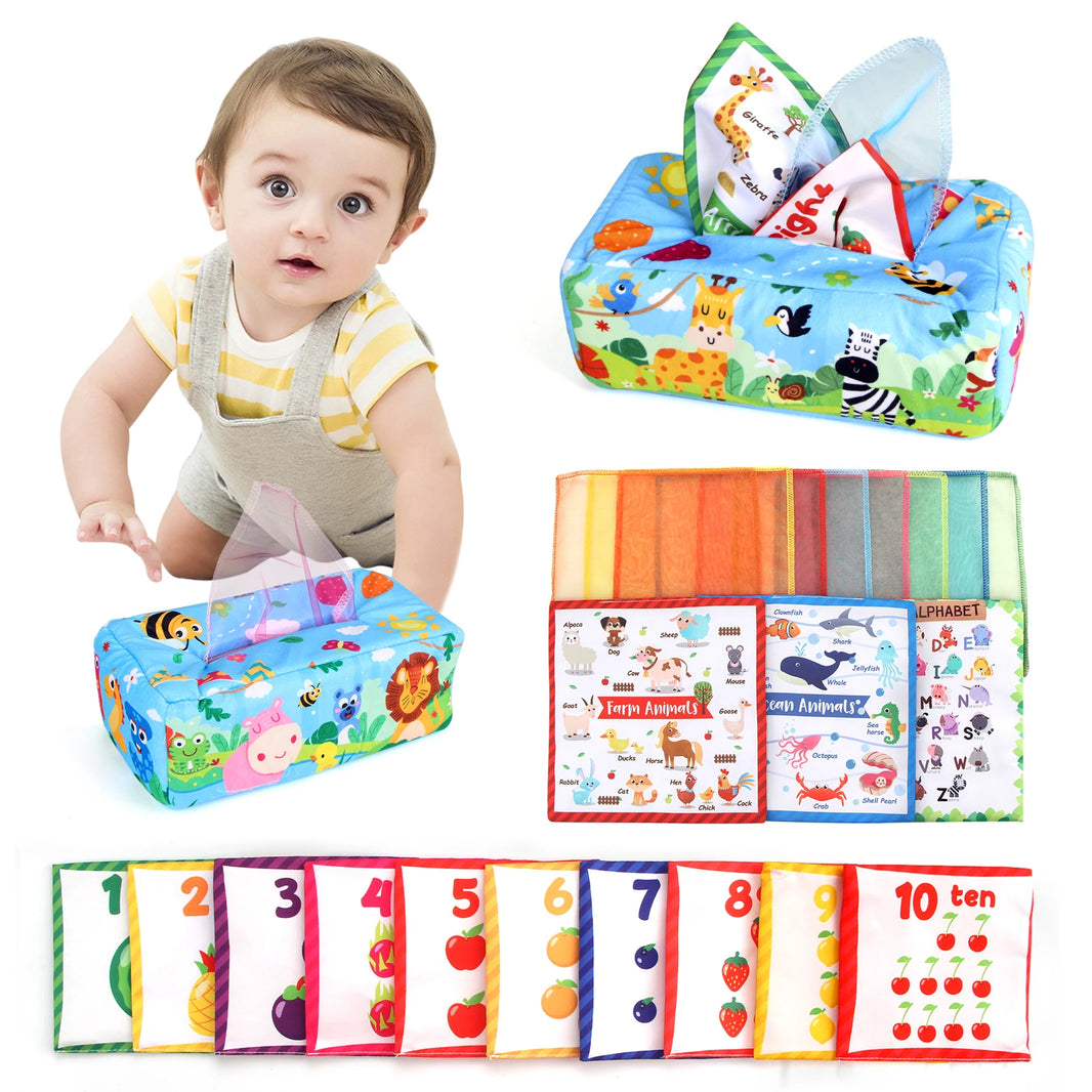 Baby Tissue Box Sensory Toy – Colorful Soft Montessori Educational Toy for Toddlers 0-18M, Finger Exercise and Pumping Silk Scarf Gift