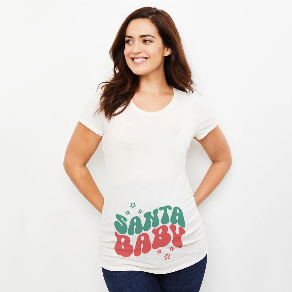 Christmas Santa Baby Print Maternity T-shirt Xmas Casual Pregnant Clothes Pregnancy Announcement T-shirt for Pregnant Women