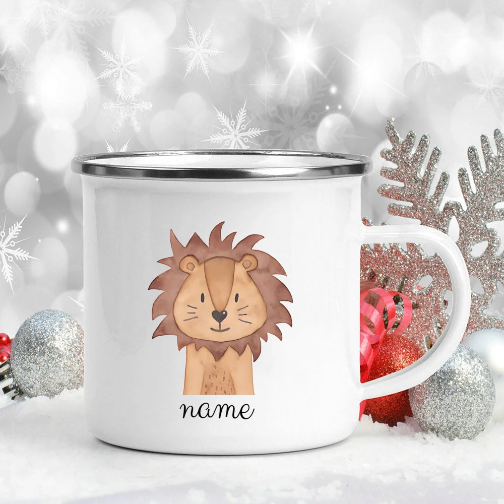 Personalized Kids Enamel Camping Mug — Forest Animals Children's Name Cup, Eco-Friendly Enamel Mug