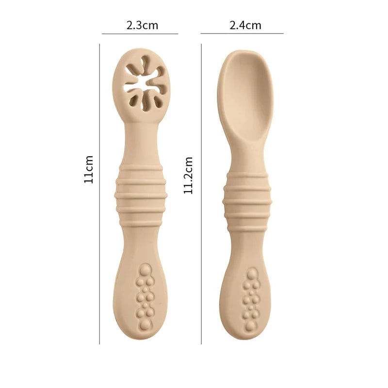 2PCS Baby Learning Spoons Set - Silicone Toddler Liquid Food Spoon & Fork Utensils, Soft Scoop Weaning Cutlery, Baby Feeding Tableware