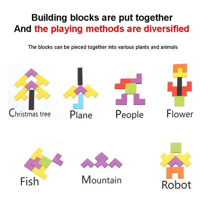 Wooden Blocks Puzzle, Brain Teasers Toy, Tangram Jigsaw, Colorful 3D Russian Blocks, Montessori Educational Toy