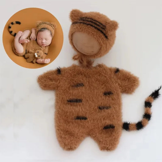 3pcs Baby Furry Tiger Costume Newborn Photography Set, Cute Animal Footed Jumpsuit, Hat & Tail, Infant Boy Girl Photo Prop Outfit