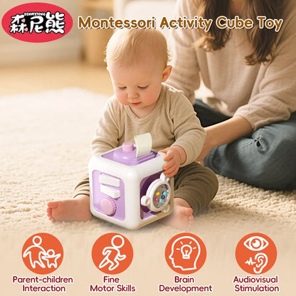 6-in-1 Activity Cube Busy Board – Montessori Sensory Toy with Drawer and Switches, Skill Practice Educational Toy for Toddlers Gift