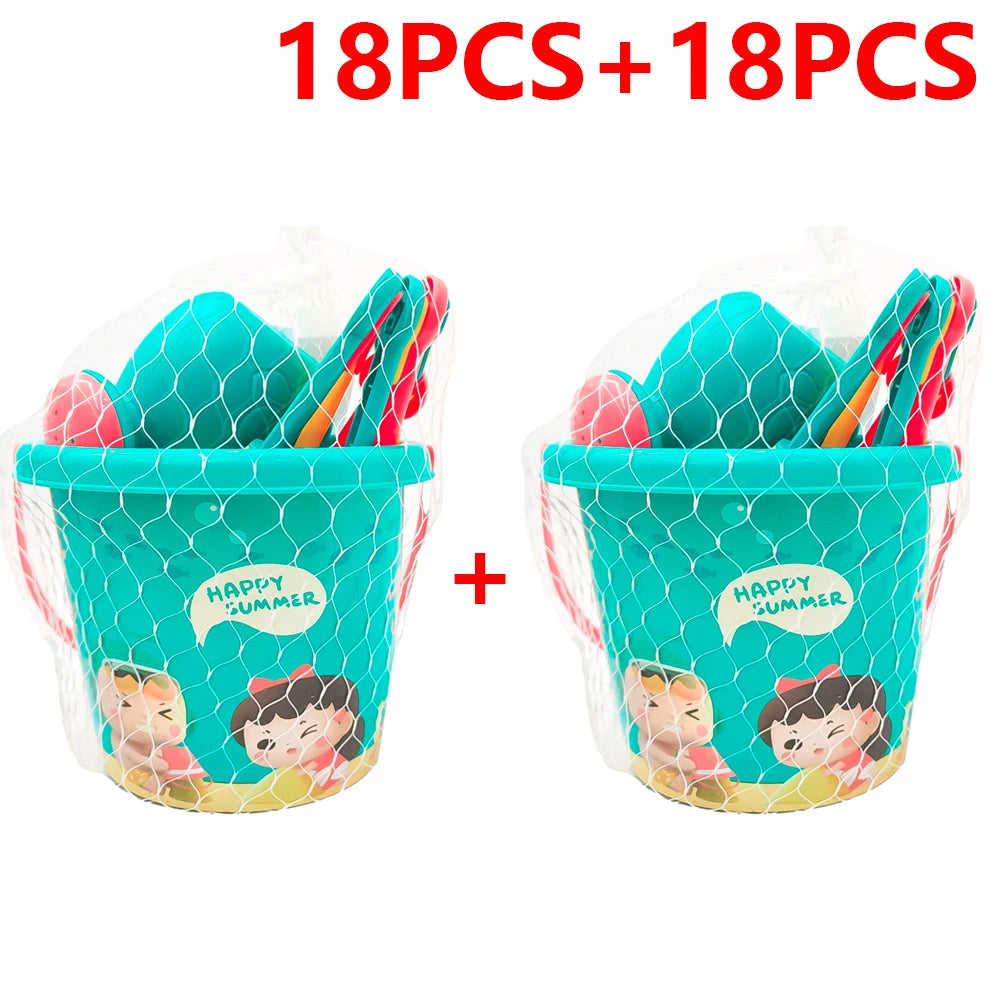 Children’s Beach Toy Set With Plastic Bucket, Watering Bottle & Shovels — Outdoor Sand & Water Play Tools