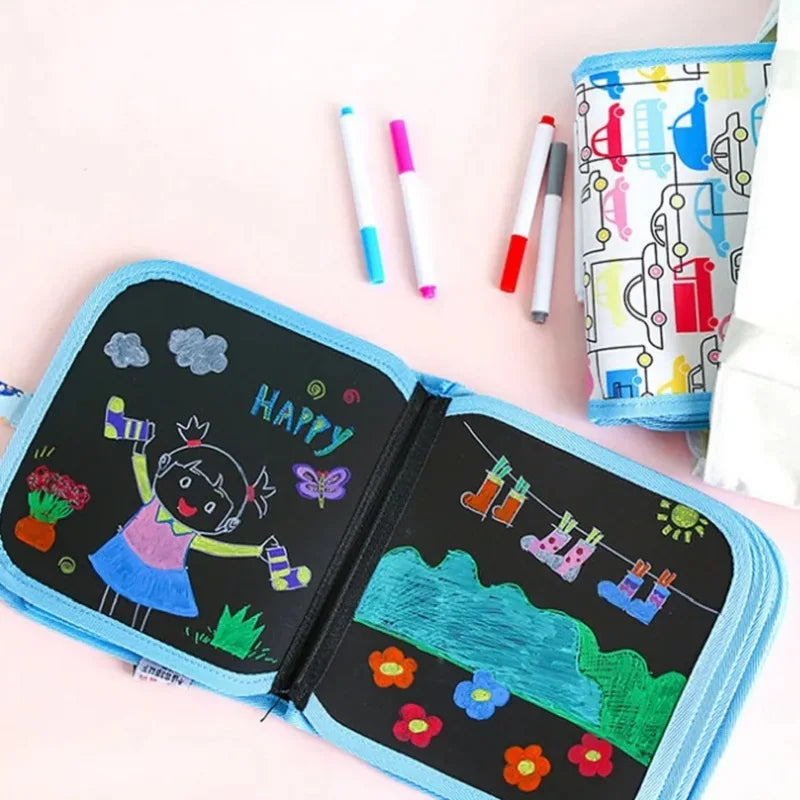 Children’s Magic Blackboard – Educational Drawing Toy with 6-Sided Erasable Boards, Water Wipe Surface, and 3 Chalk Pens Coloring Book for Kids