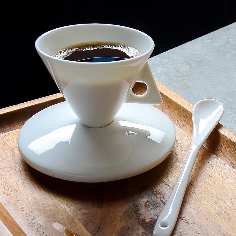 PDQ Bone China Espresso Cup & Saucer with Spoon — Single Small Handgrip Coffee Mug for Women