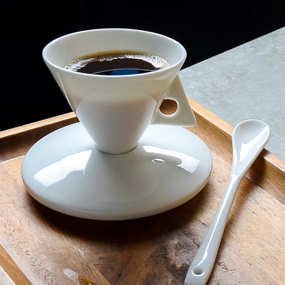 PDQ Bone China Espresso Cup & Saucer with Spoon — Single Small Handgrip Coffee Mug for Women