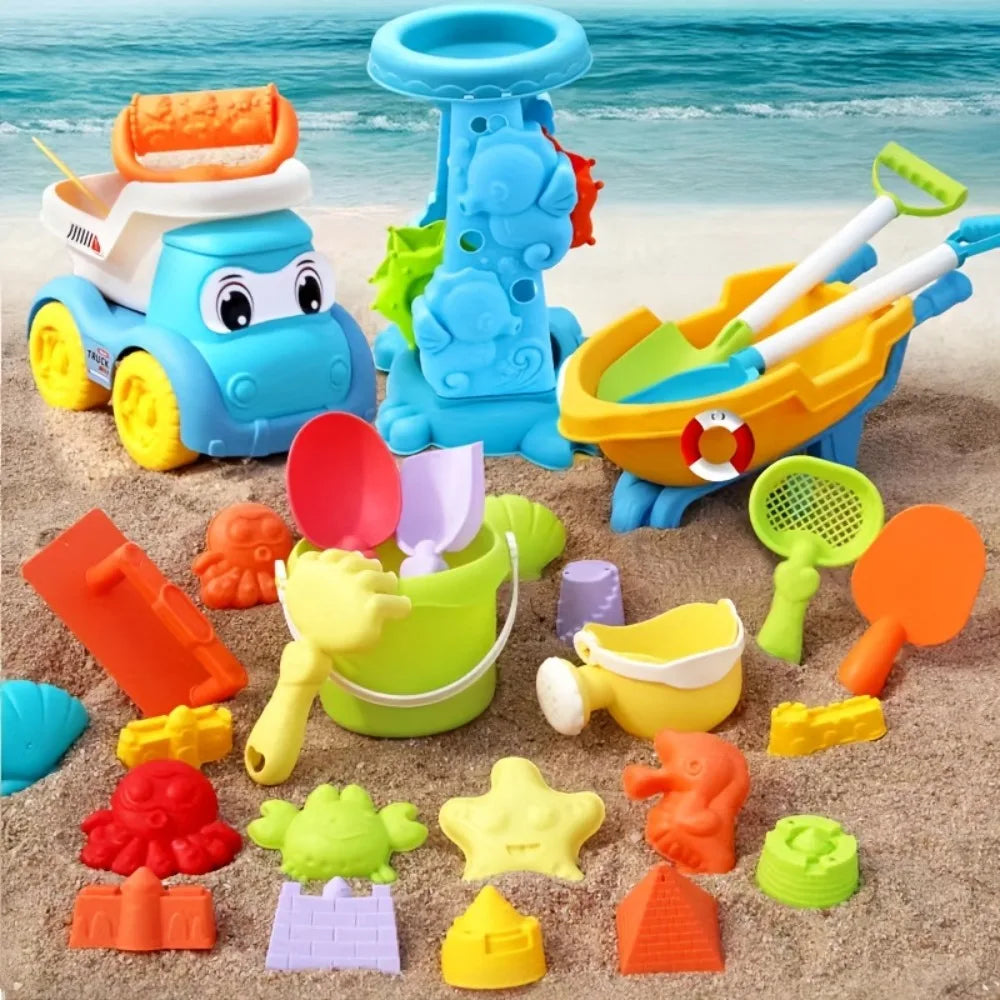 Kids Beach Sand Toy Set With Bucket, Shovel, Rake & Dinosaur Animal Molds — Travel Sandbox Kit