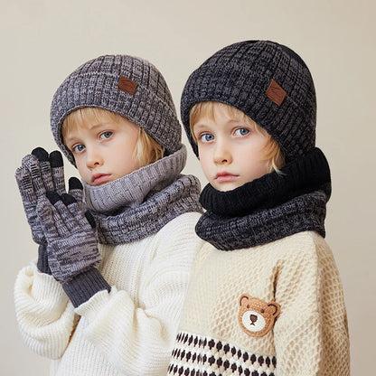 Winter Children’s Hat, Scarf & Gloves Set – Knitted Beanie with Thick Velvet Lining – Warm Neck Warmer & Mittens for Boys & Girls (4-10Y)
