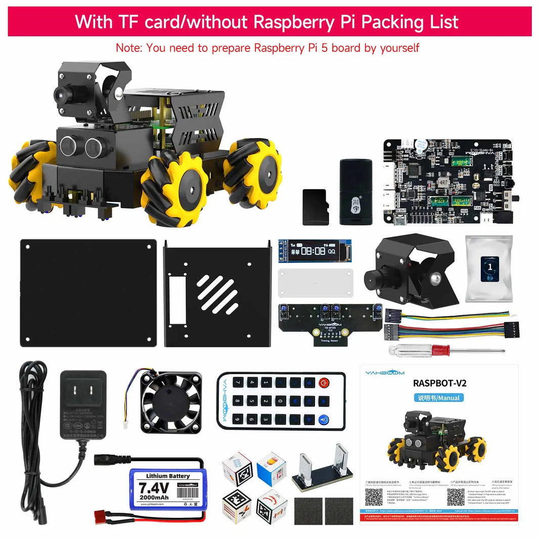 Yahboom Raspbot V2 AI Vision Robot Car Kit, Mecanum Wheel, Camera, Educational DIY Python Programming for Raspberry Pi 5
