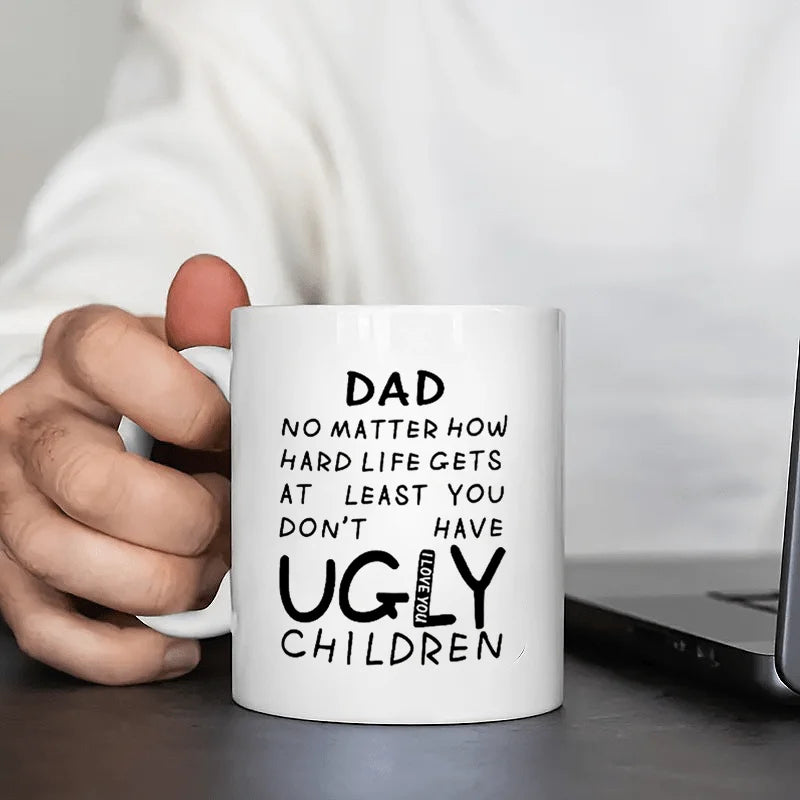 Insulated Ceramic Coffee Mug 10.8 fl oz (320 ml) - Funny 'Ugly Young Men' Quote - Gift for Dad from Daughter, Son or Wife - Hand Wash Only, Reusable