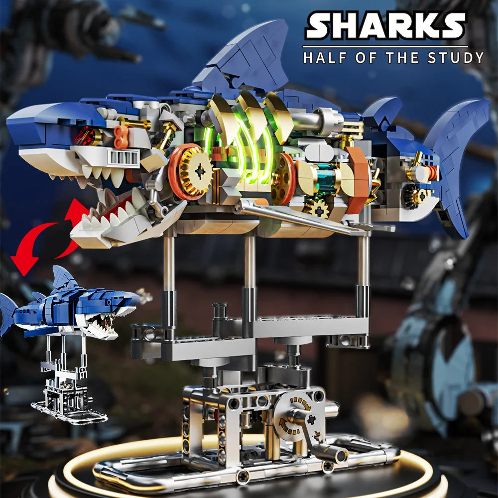 Mechanical Shark Building Blocks Set – Sea Life Model with Display Stand and Lights for Kids and Adults
