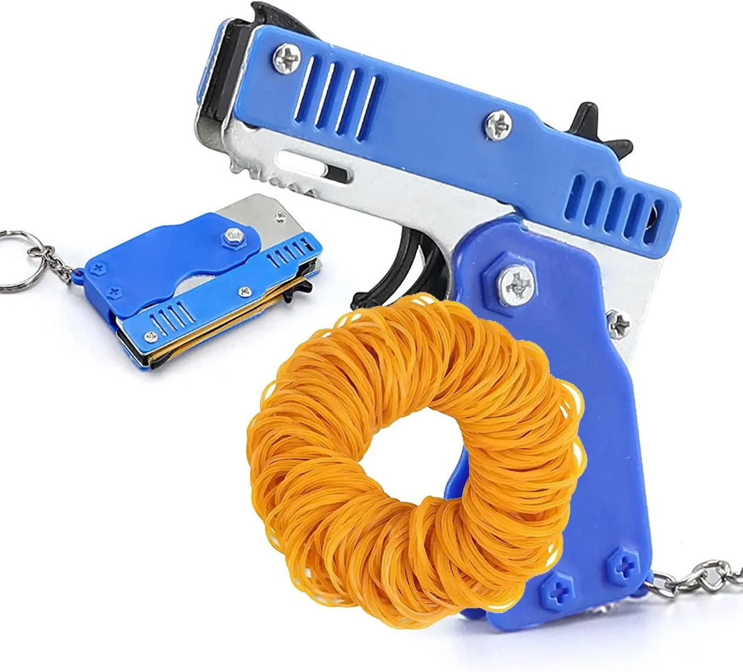 Kids Mini Folding Rubber Band Launcher Toy — Portable Keychain Launcher with 60 Rubber Bands for Outdoor Play
