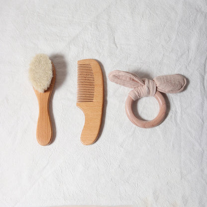 Baby Comb Brush Set - Newborn Gift Set with Natural Wool Beech Wooden Comb, Baby Bib, Pacifier Clip, and Hair Brush