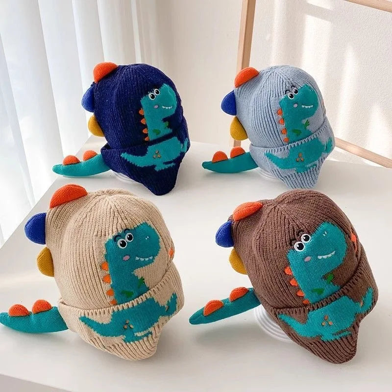 Dinosaur Cartoon Kids Earmuffs Beanie — Warm Knit Cotton Winter Hat with 3D Ears for Toddlers & Children (Unisex)