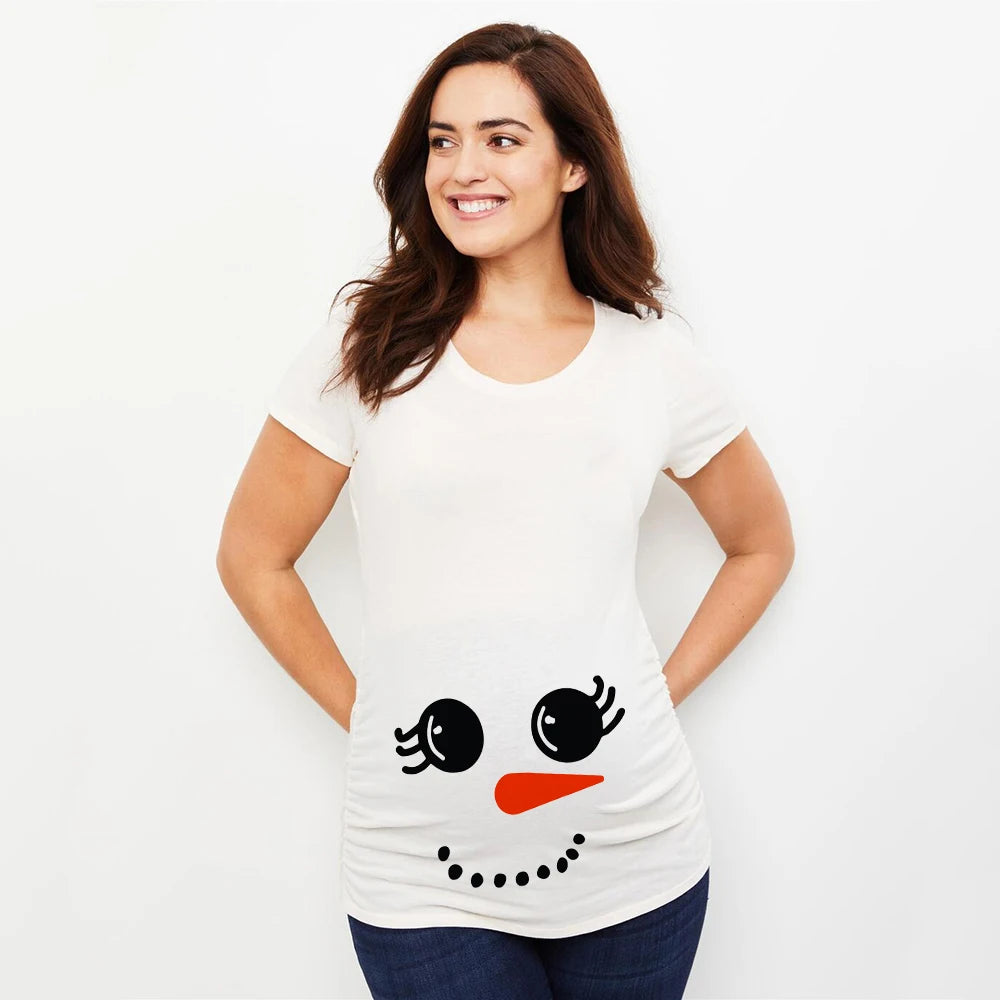 Christmas Pregnant Women T-shirt Snowman Cartoon Printed Pregnancy Announcement Clothes Maternity White Short Sleeve Top