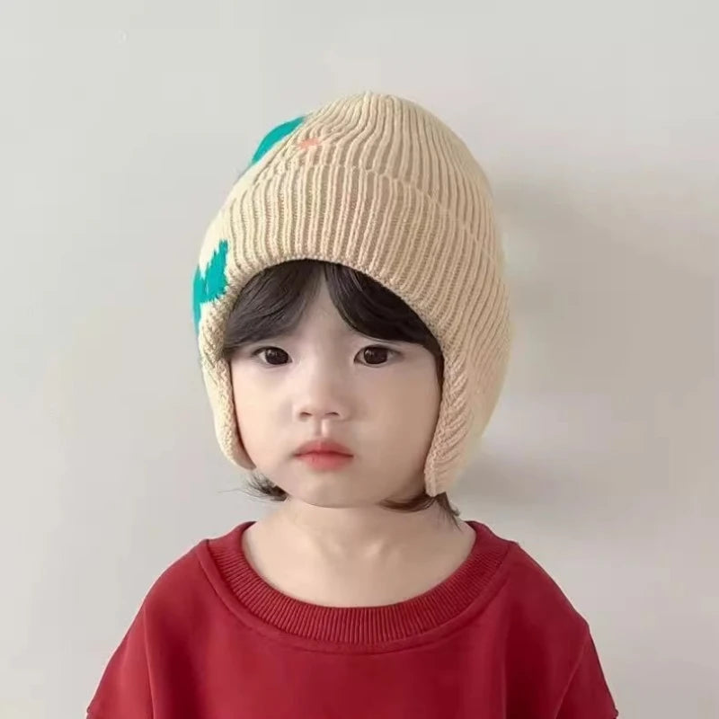 Dinosaur Cartoon Kids Earmuffs Beanie — Warm Knit Cotton Winter Hat with 3D Ears for Toddlers & Children (Unisex)