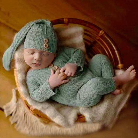 Newborn Boy Photo Props Knitted Jumpsuit and Knot Hat Set Baby Boy Photography Bodysuit with Beanie for Infants