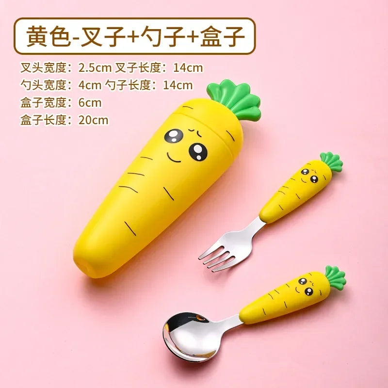 Carrot Shape Kids Fork and Spoon Set - Stainless Steel Baby Feeding Utensils, Cartoon Cutlery for Toddlers & Children
