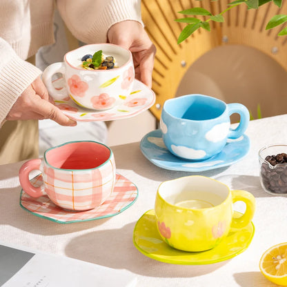 Hand-Pinched Irregular Porcelain Mug 300 ml (10 fl oz) – Flower & Heart Pattern Coffee & Tea Cup, Cute Gift for Kids & Girls