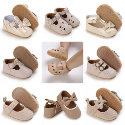 Khaki Baby Casual Shoes 0-18M Infant Toddler Bowknot Non-Slip Rubber Soft-Sole Flat PU First Walker Newborn Mary Janes