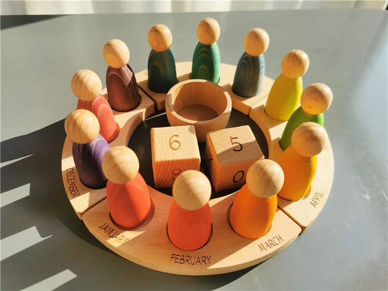 Wooden Beech Rainbow Calendar & Peg Dolls – Stacking Blocks and Wizard Figurines Toy for Kids
