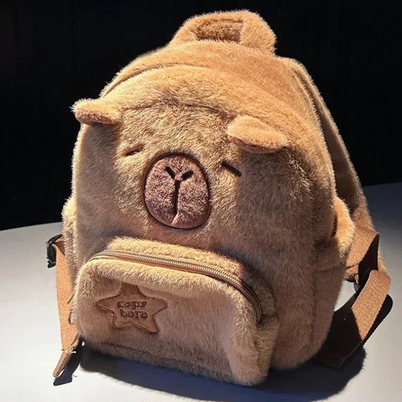 Capybara Plush School Backpack – Casual All-Match Fur Bag with Large Capacity